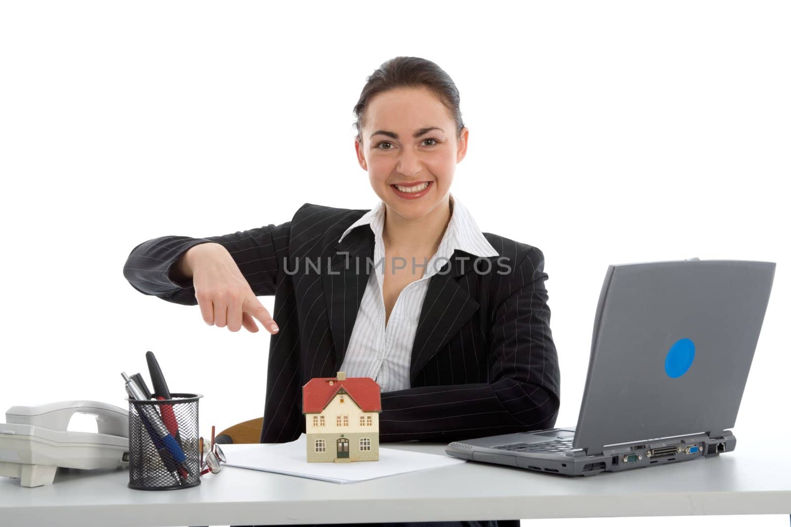 Business woman advertises real estate on  white background