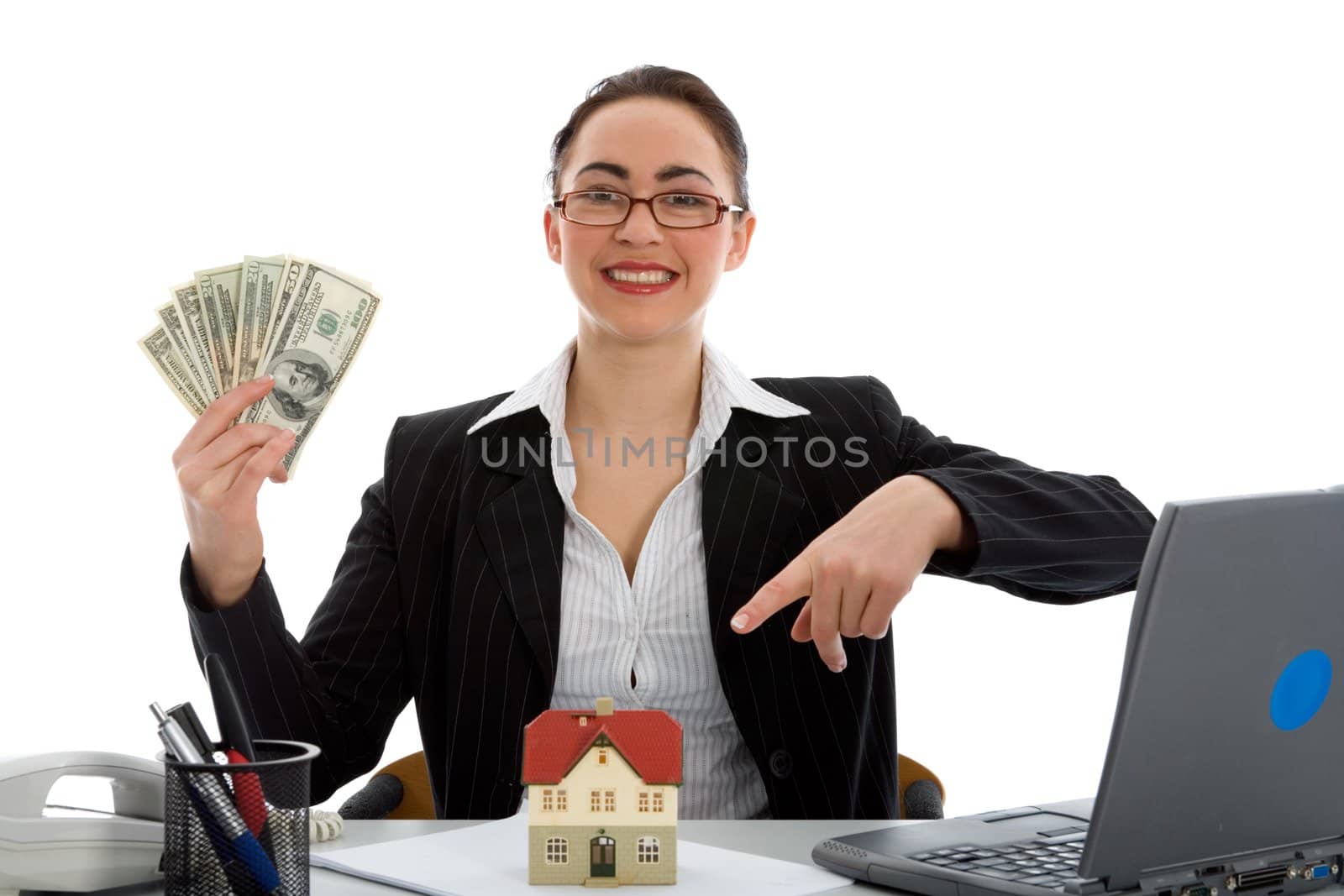 Business woman advertises real estate on  white background
