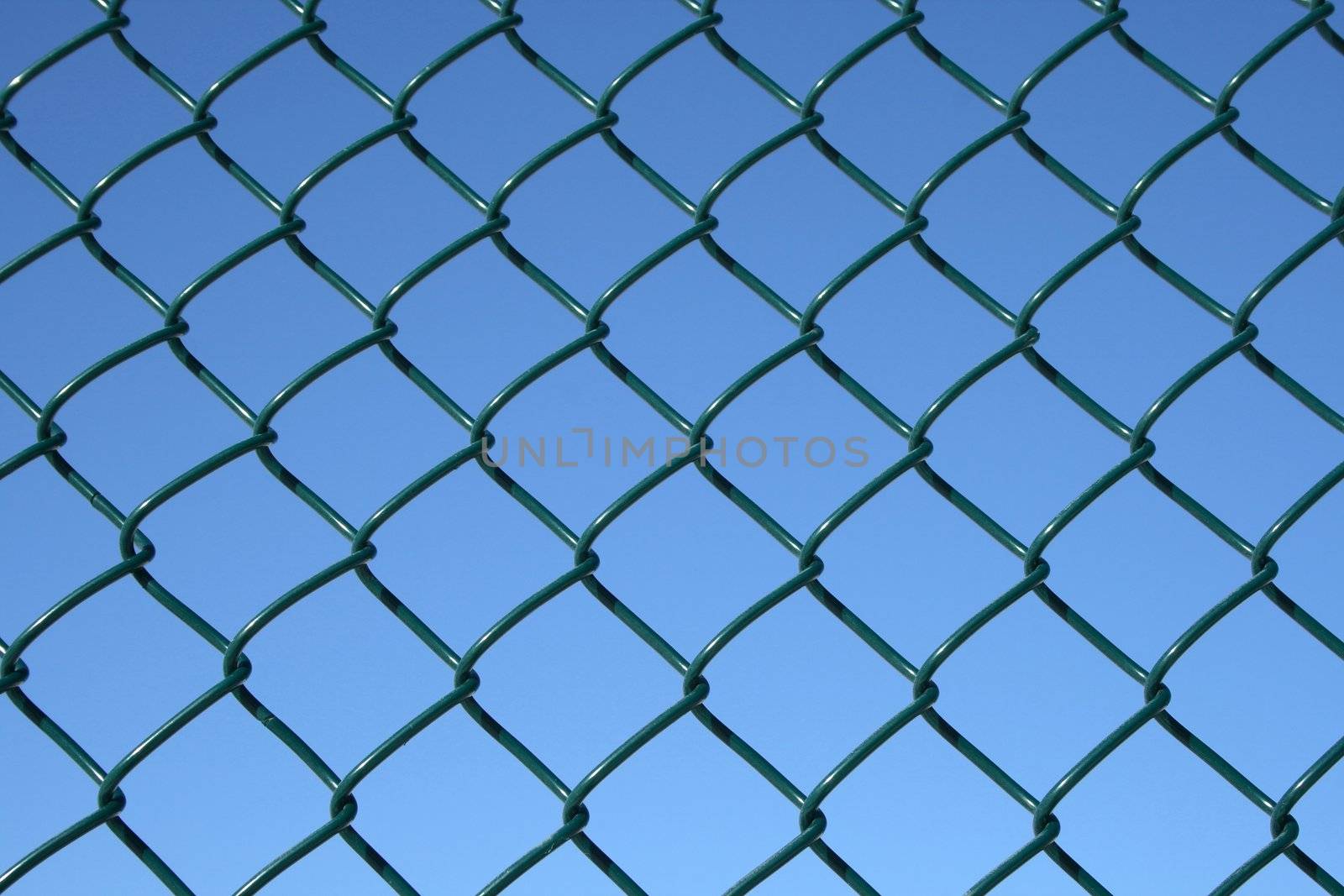 Green chain link fence on a blue sky background.