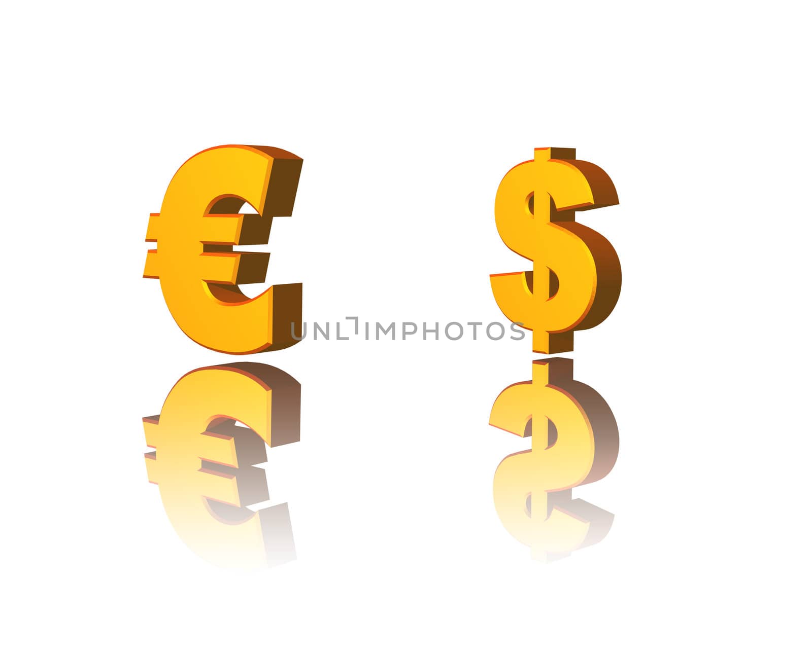 golden dollar and euro symbol on white background - 3d illustration