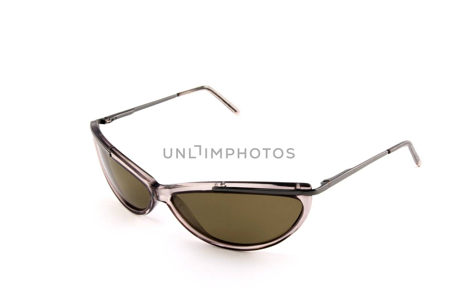 Brown stylish sunglasses isolated on white background, side view.