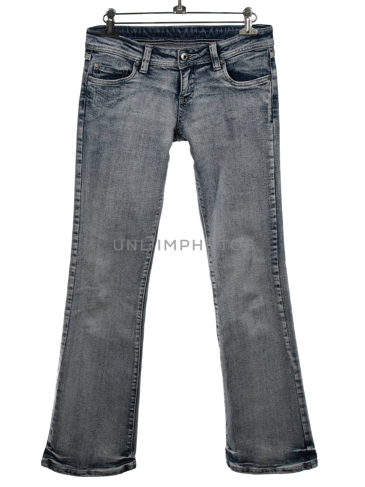 Blue jeans on a hanger, isolated on white.