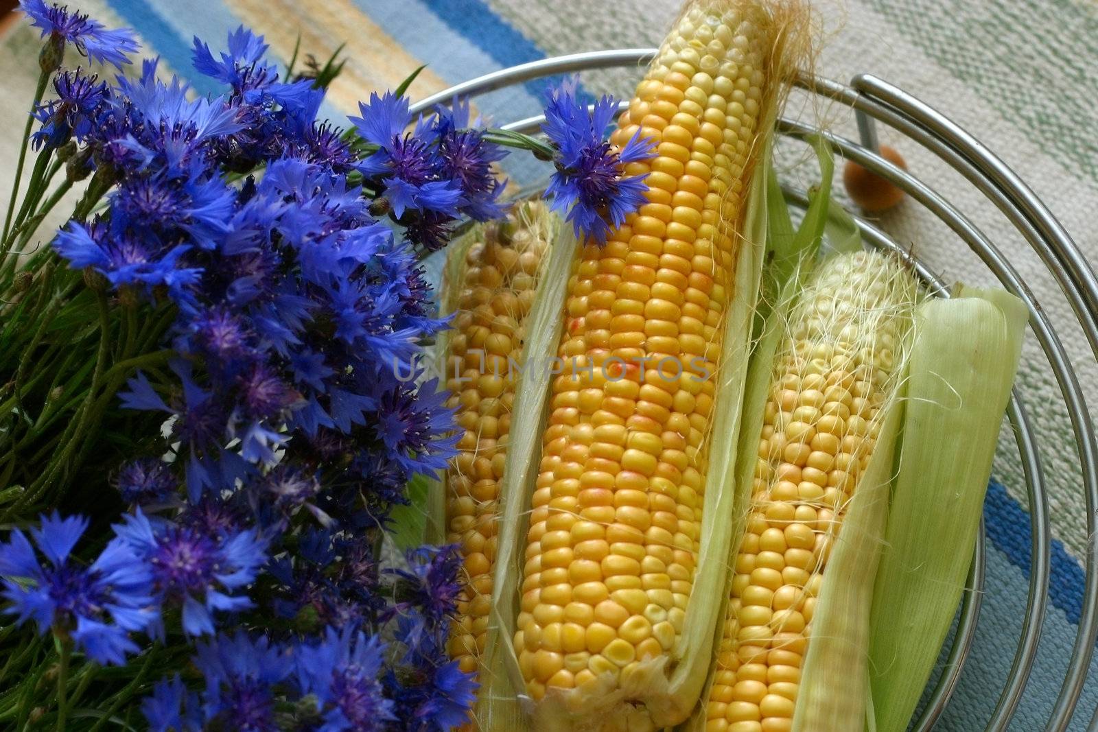 Cornflowers and grain in an iron vase on a mat
