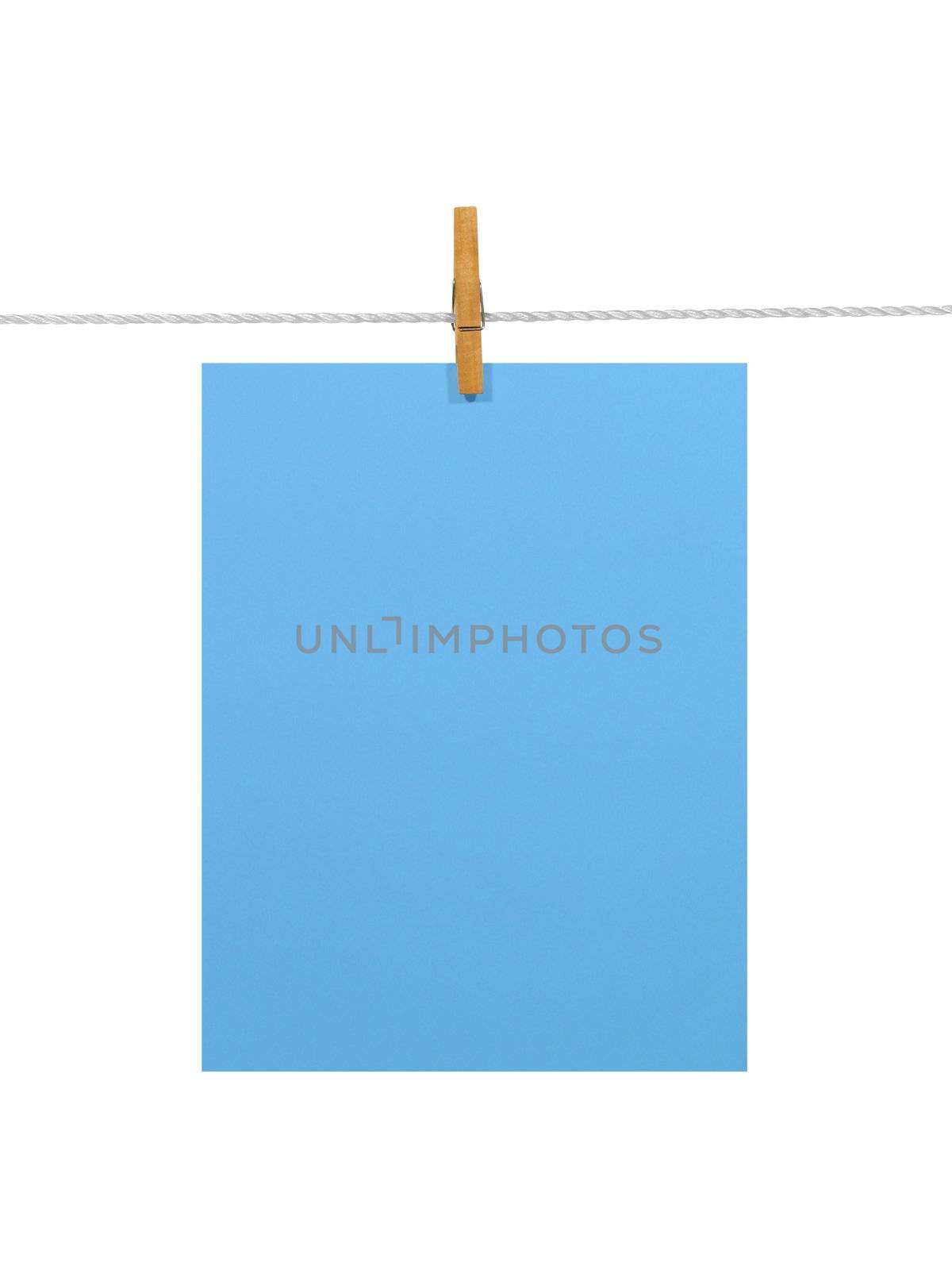 Sky-blue blank paper sheet on a clothes line. Isolated on white background. Contains two clipping paths: 1) paper, clothes line and clothespin; 2) paper only