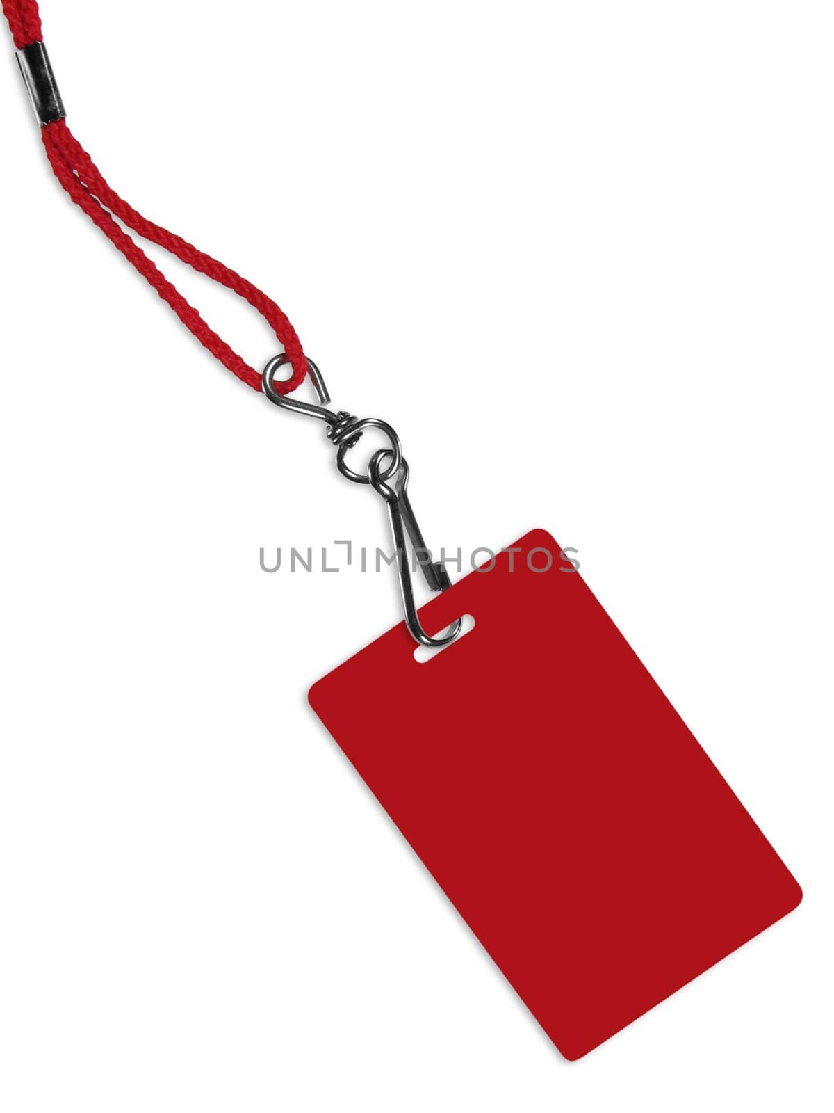Blank red ID card / badge with copy space, isolated on white. Contains clipping path of the card (without neckband) to change the color of the card.