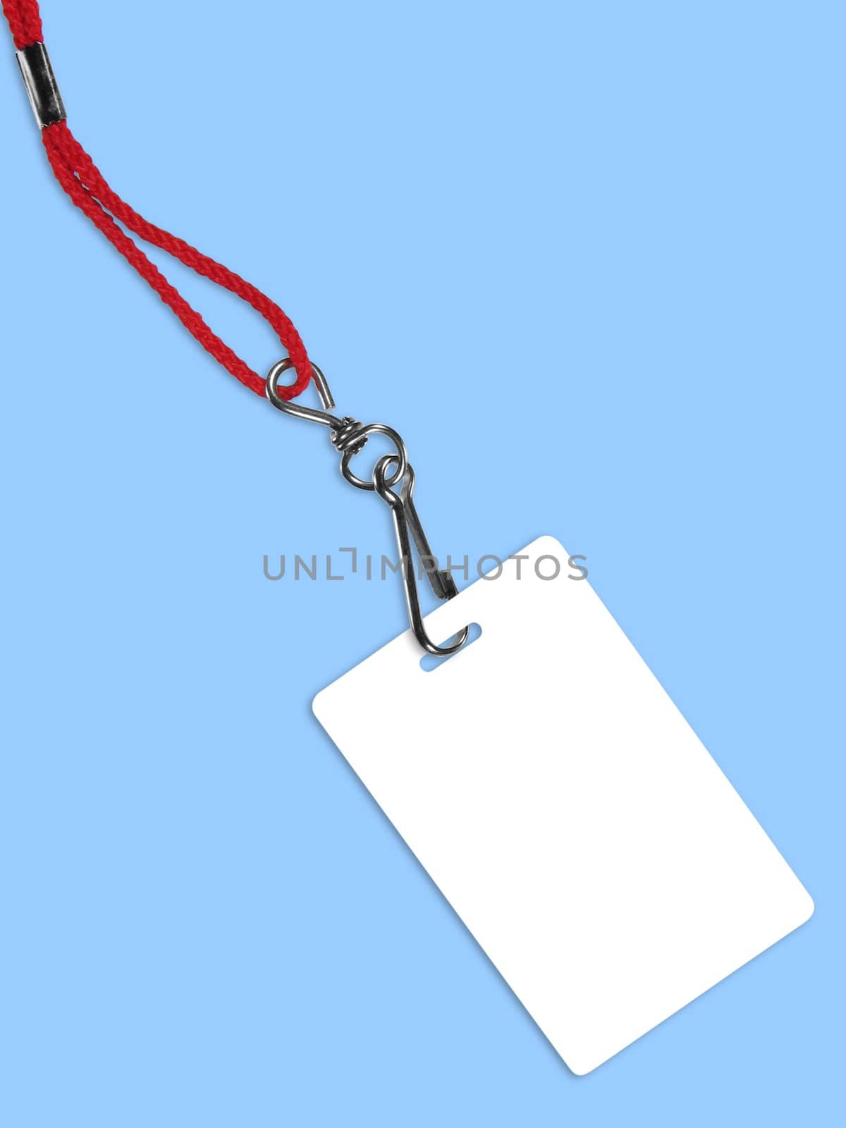 Blank white ID card / badge with copy space, on blue background. Contains clipping path of the card (without neckband) to change the color of the card.