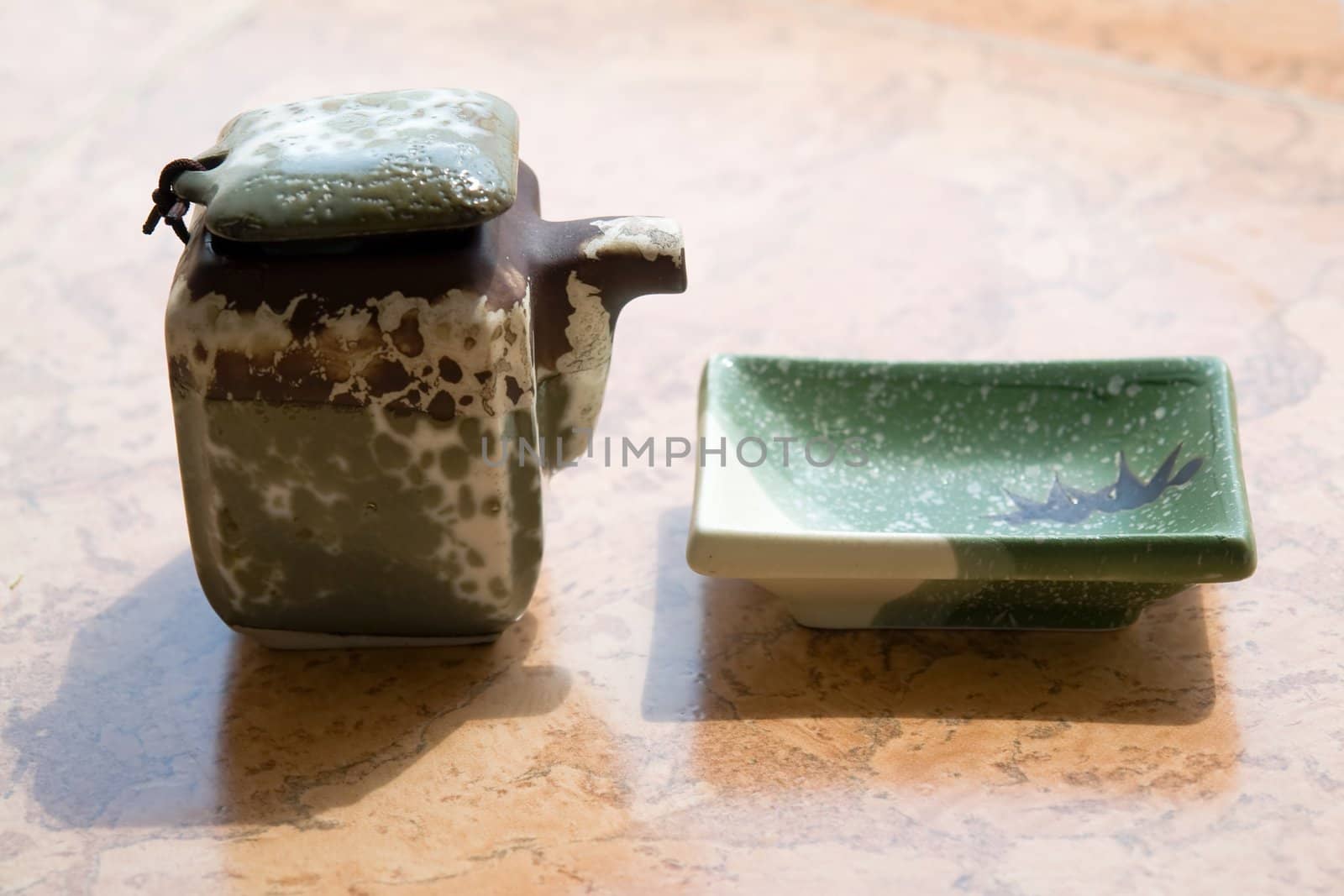 The japanese dinnerware on a marble table