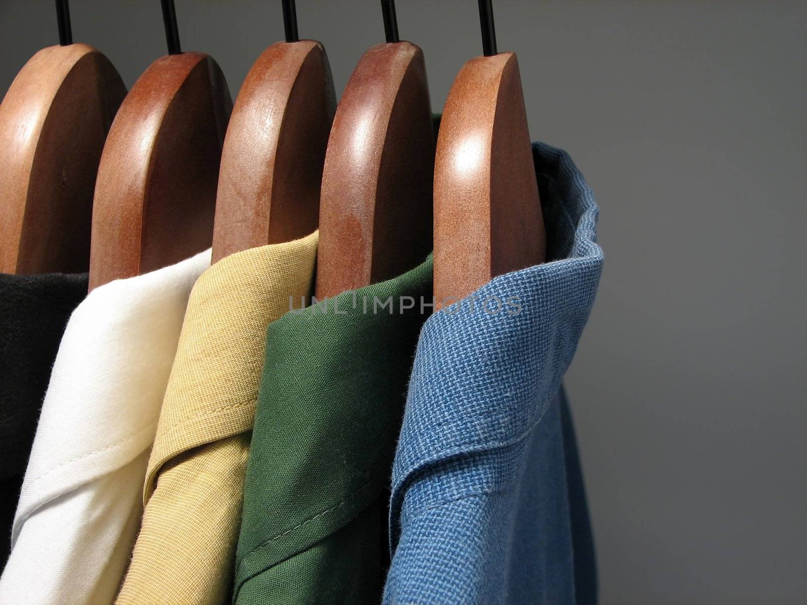 Shirts of different colors on wooden hangers in a closet.