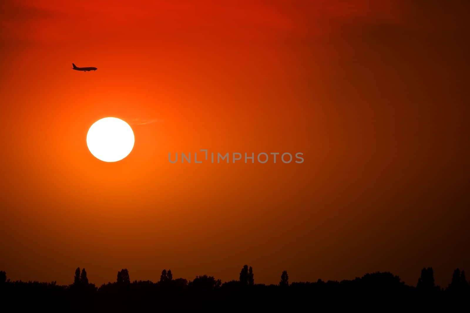 Silhouette of a plane at sunset
