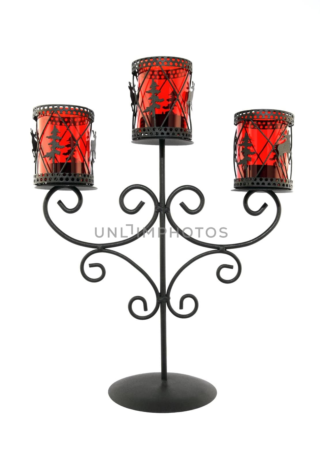 Vintage metal and glass candleholder on white background.