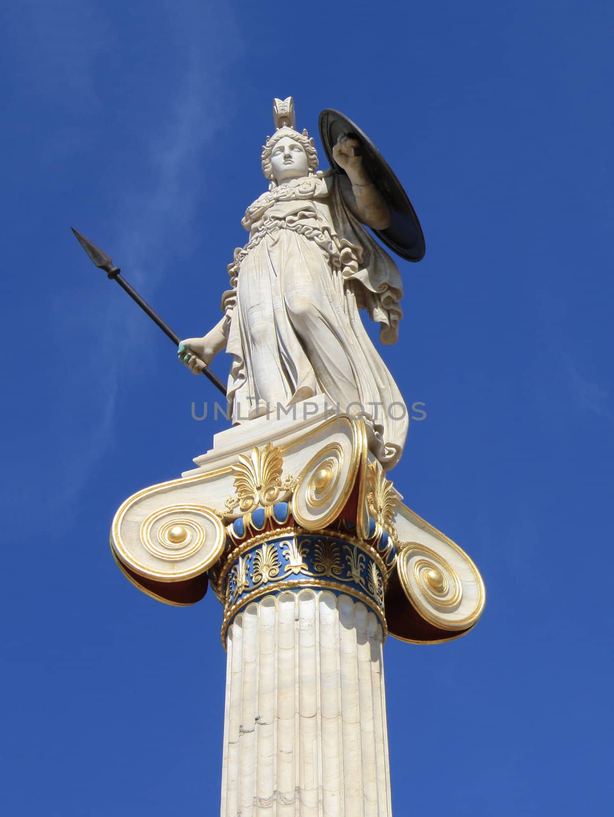 Statue of Athena, goddess of wisdom, defensive war, strategy, industry, justice and skill in ancient Greek mythology. Patron of Athens. Known as Minerva in Roman mythology.