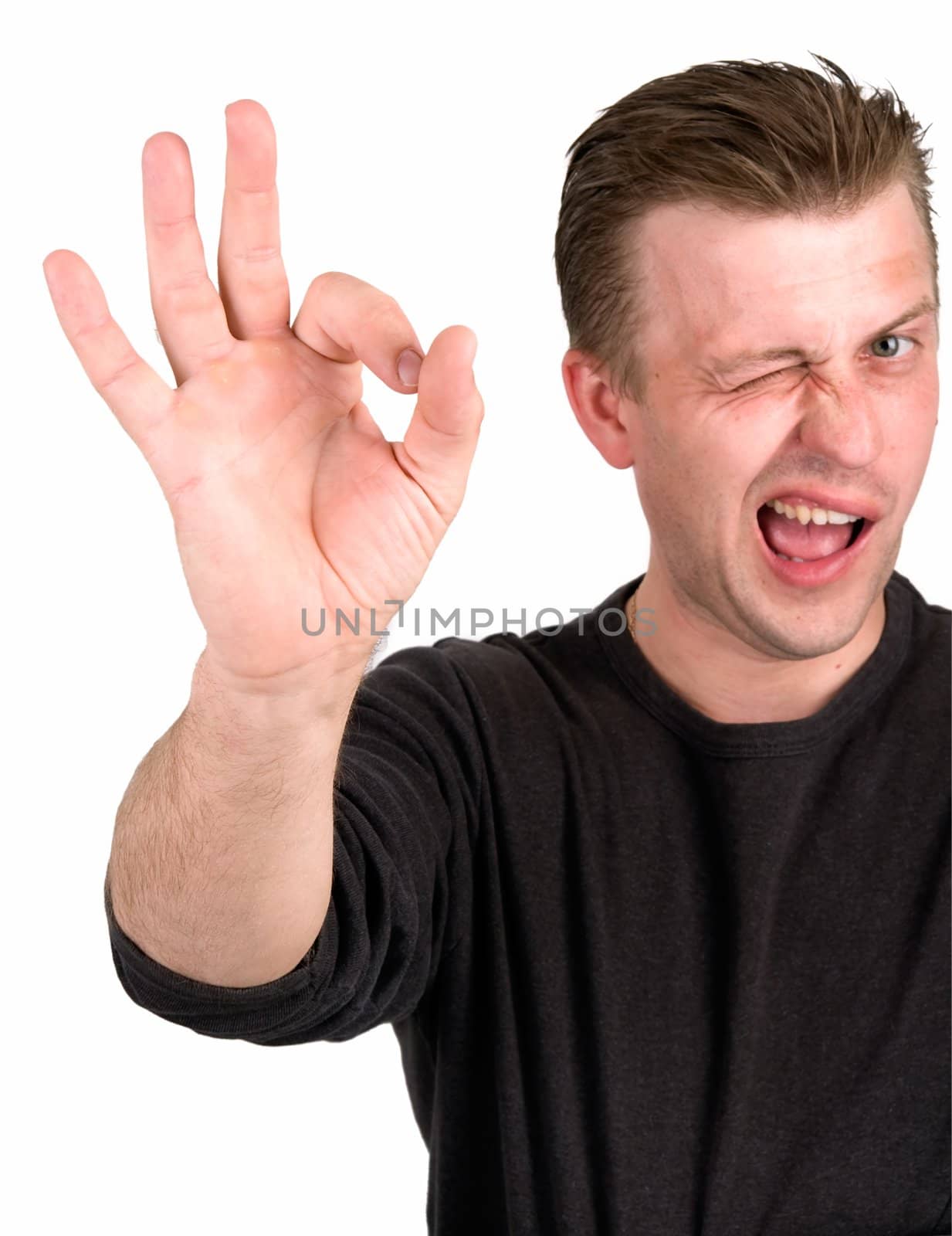 The young man with O.K. on a white background