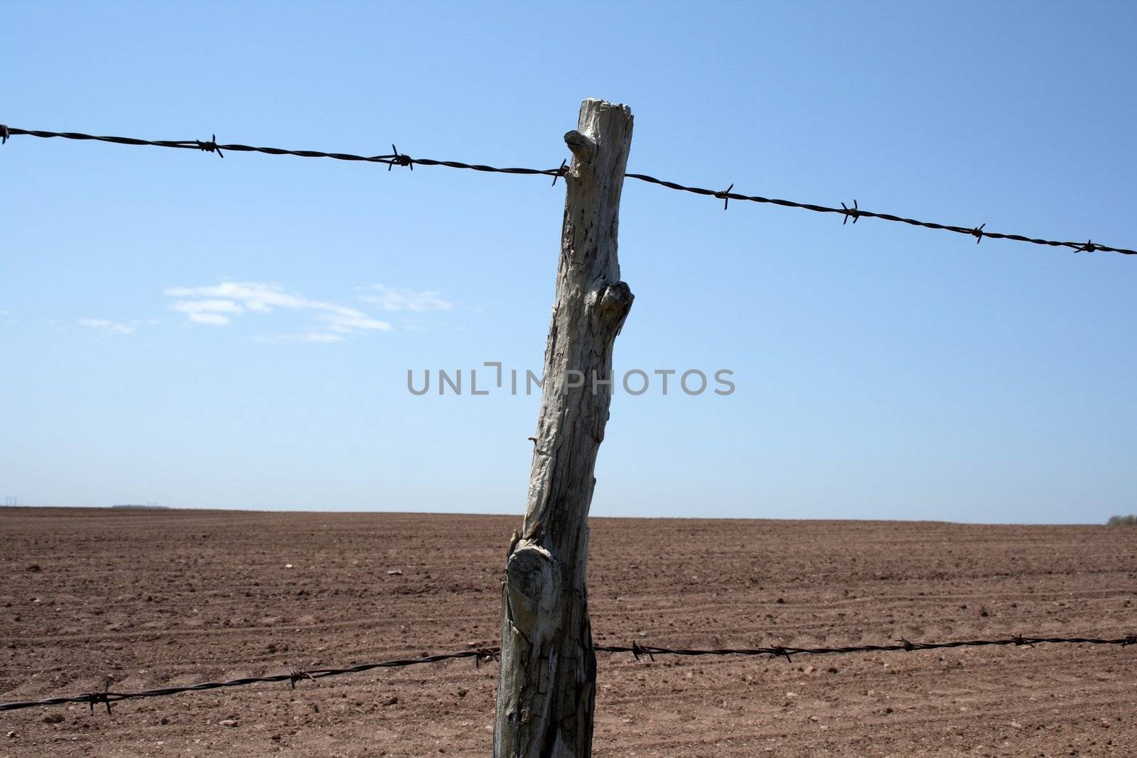 Barbed wire farm fence and cultivated farmland in spring.