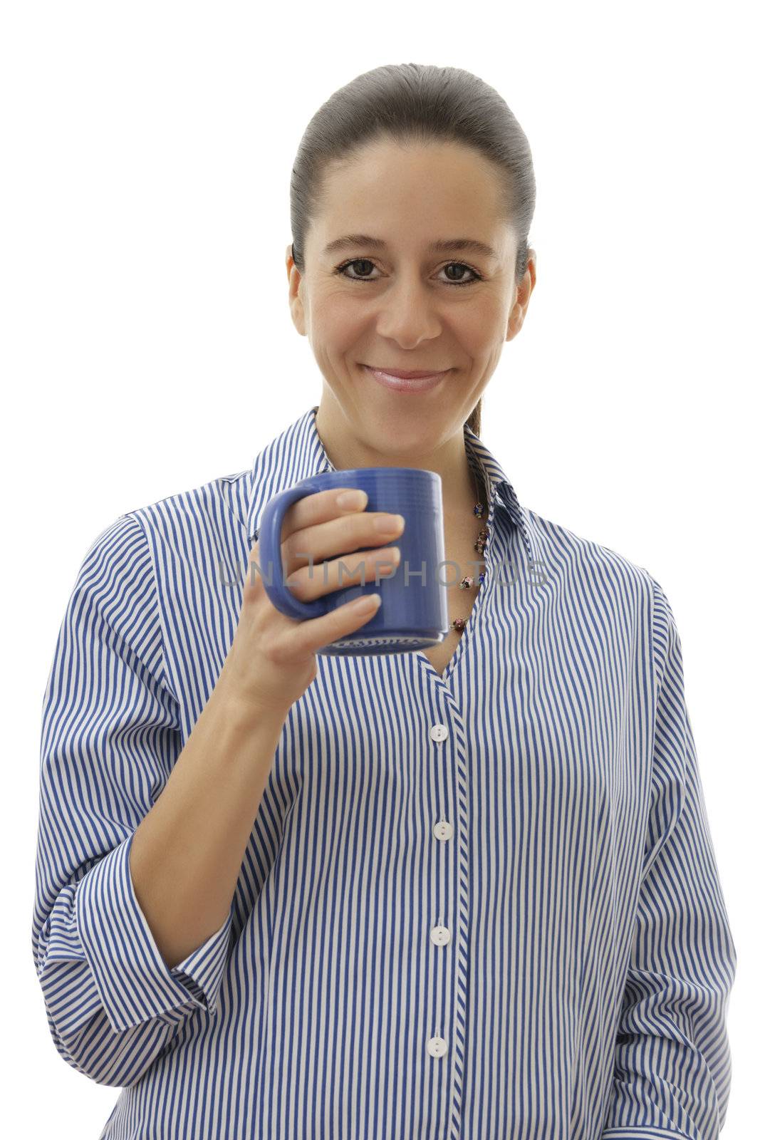 Attractive middle aged business woman holding a cup of coffee on a white background