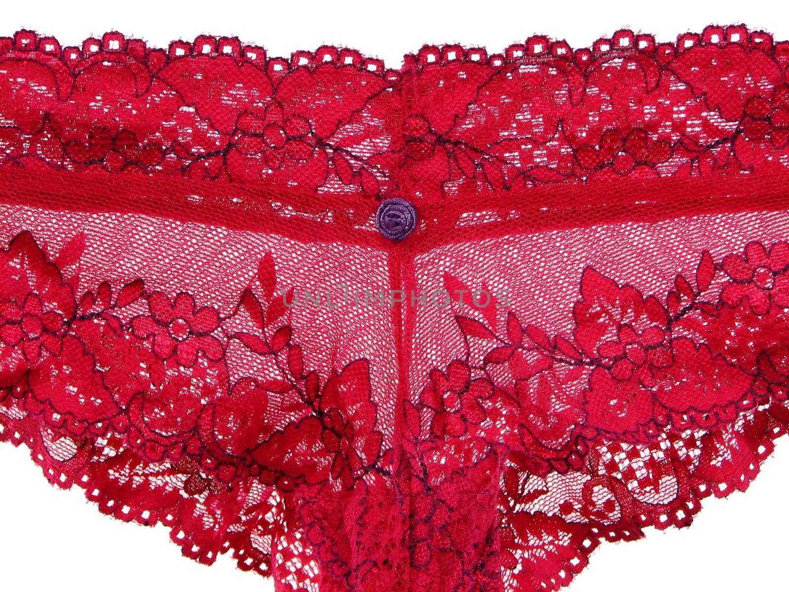 Sexy underwear. Closeup of red lacy panties on white background.