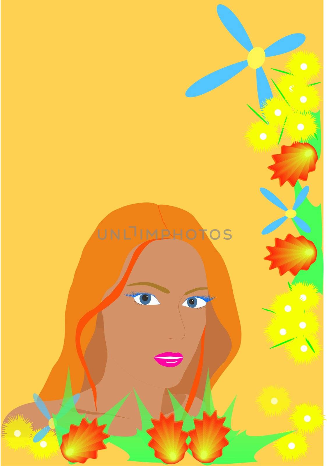 The young red-haired girl on on a yellow background with bright years colors