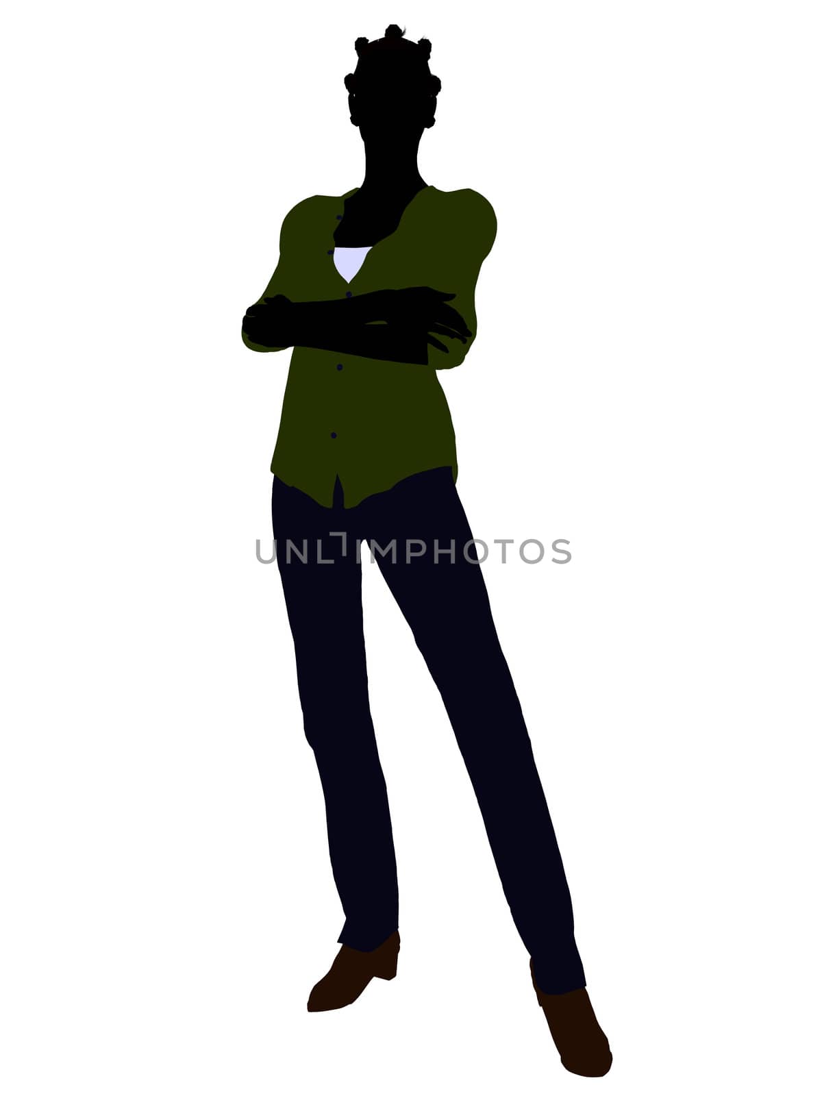 Casual dressed african american female silhouette on a white background