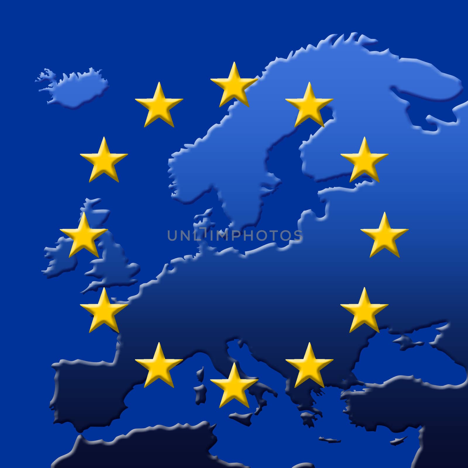 Continent Of Europe Map With EU Stars (3D edges), Symbolic Illustration of European Union