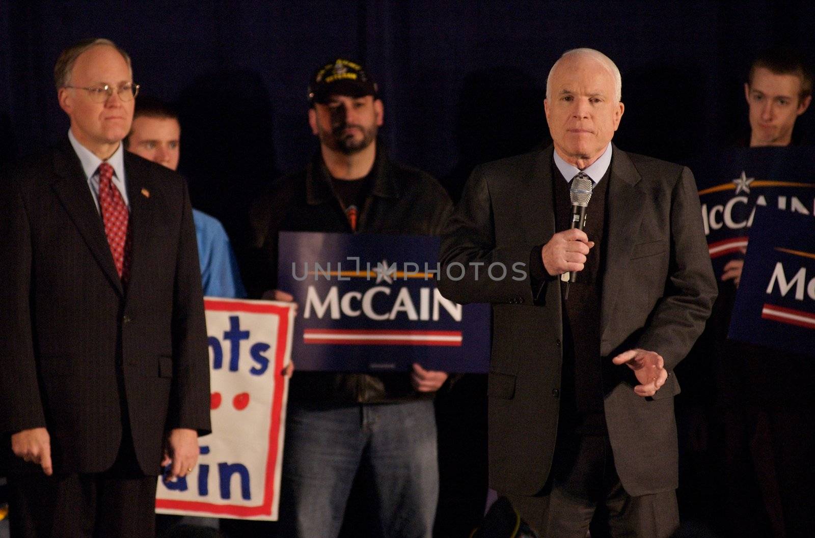 Senator John McCain, on his presidential campaign, gives a speech in South Burlington, VT