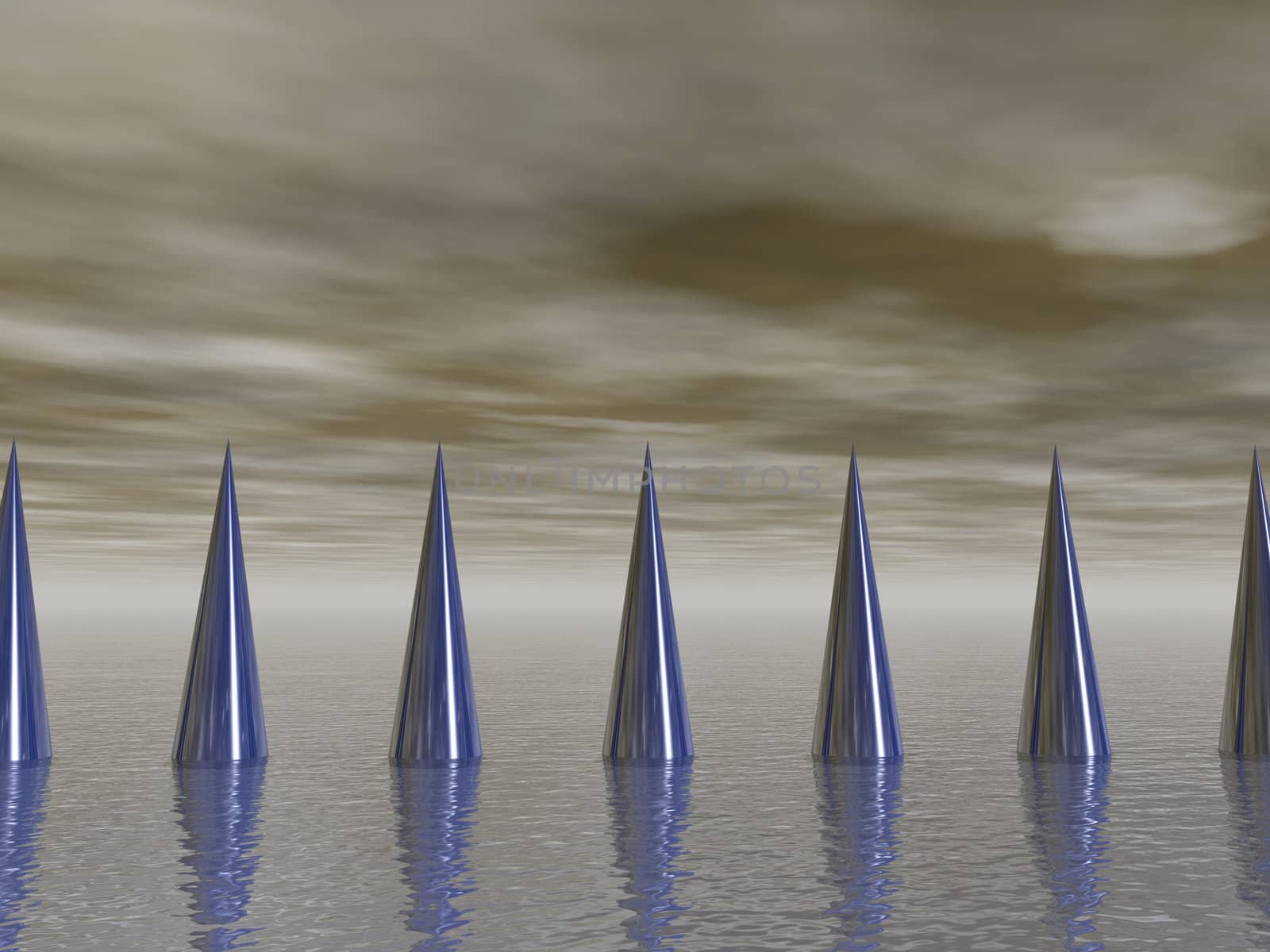 row of metal thorns on water background - 3d illustration