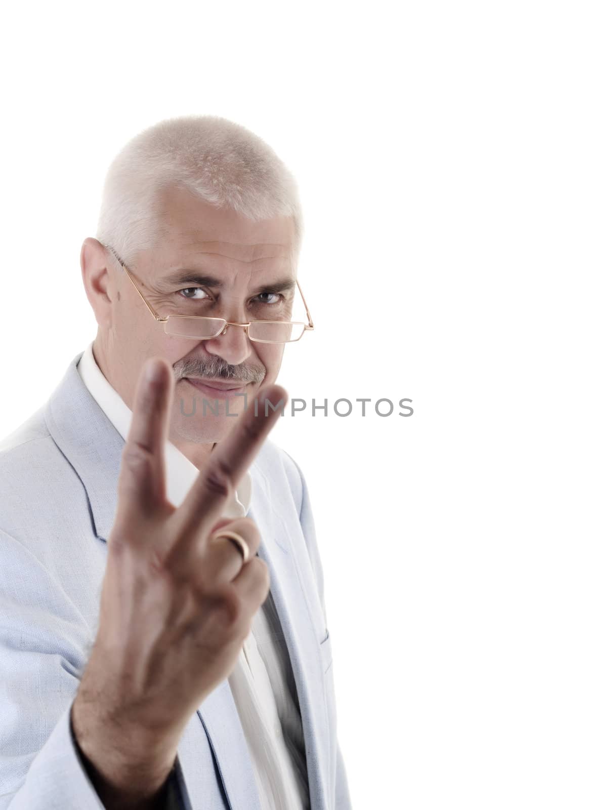 Senior man in glasses and sign