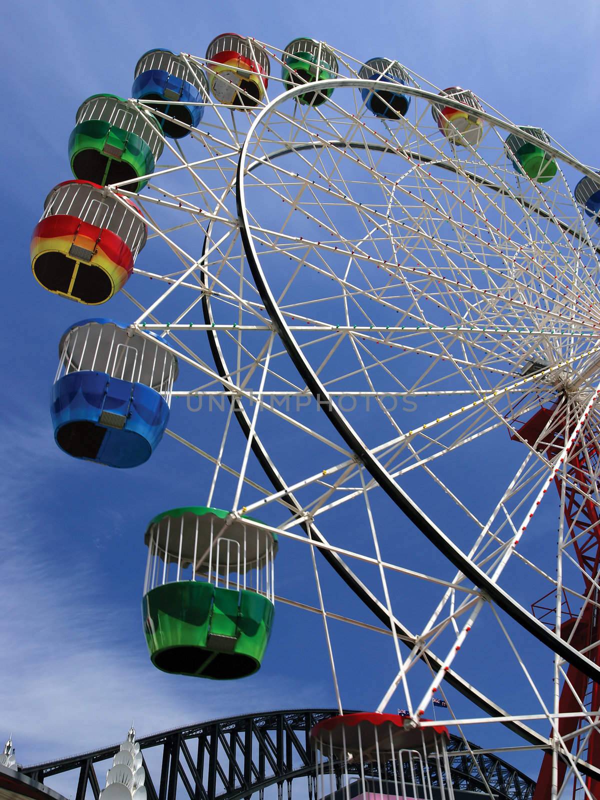 Colourful ferris wheel in Australia.  Slight movement visible.
