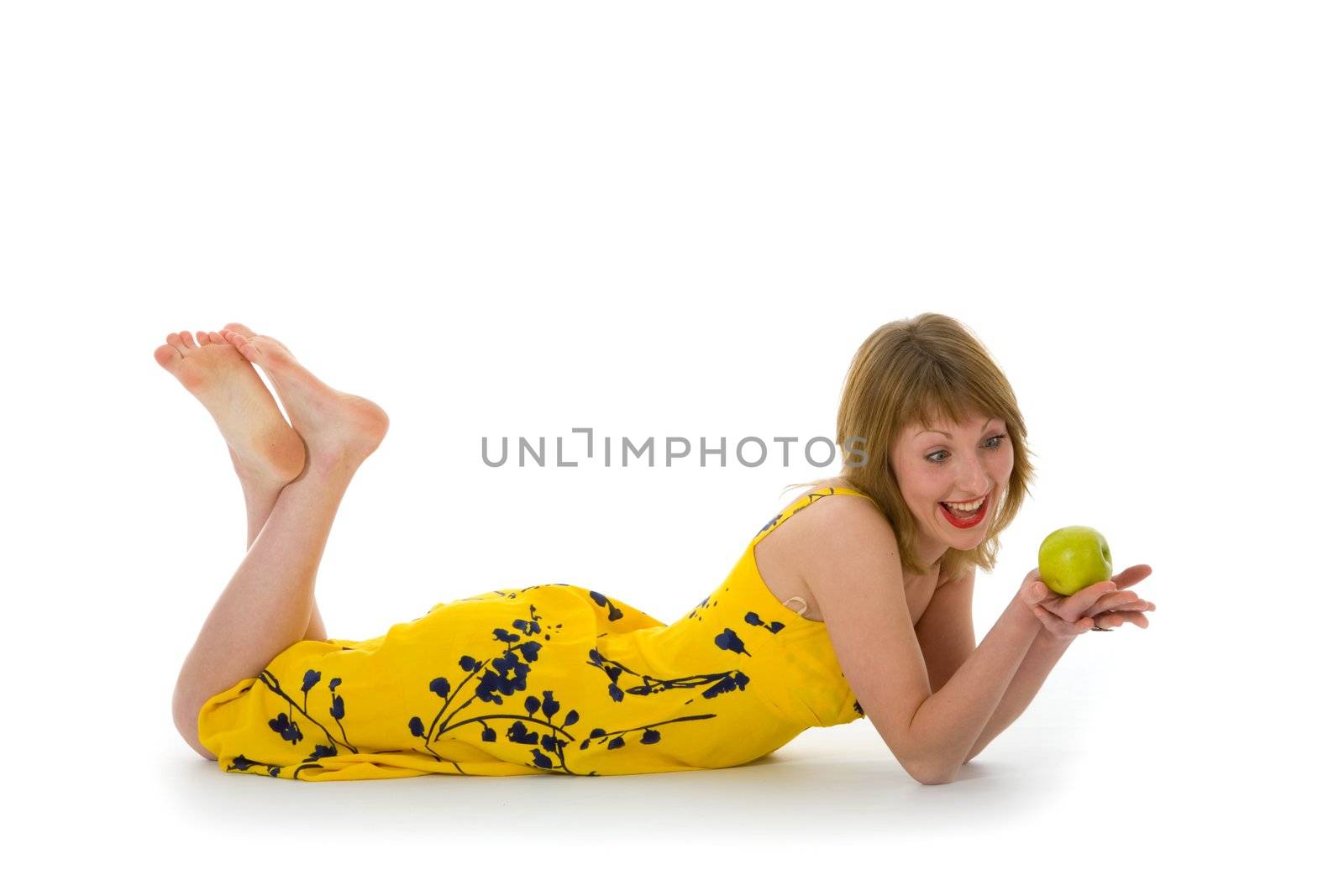 expressive woman with aple on white background