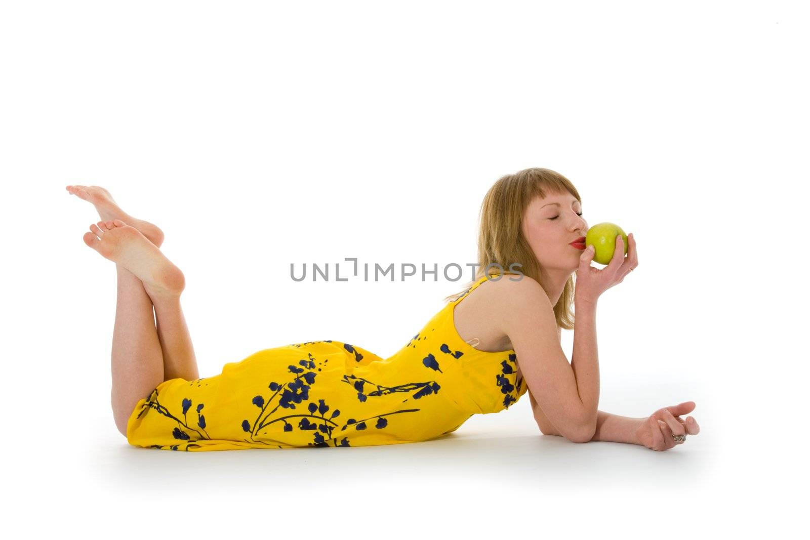 expressive woman with aple on white background