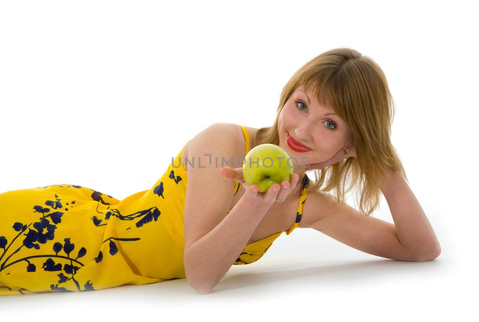 expressive woman with aple on white background