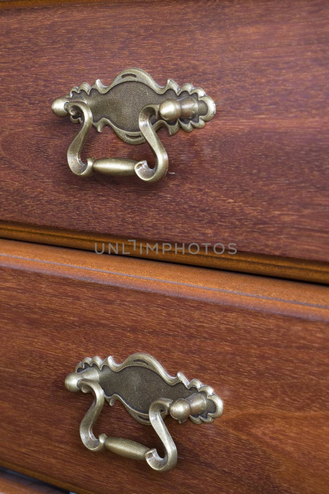 close-up of two antique drawer handles