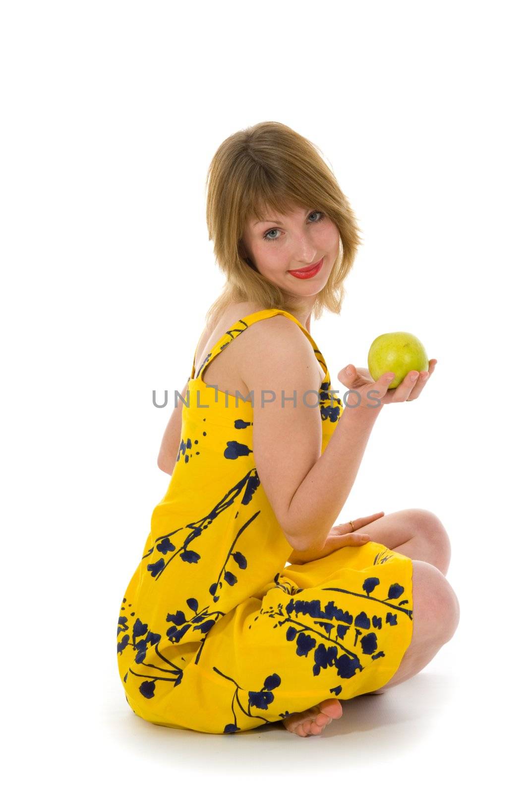 expressive woman with aple on white background