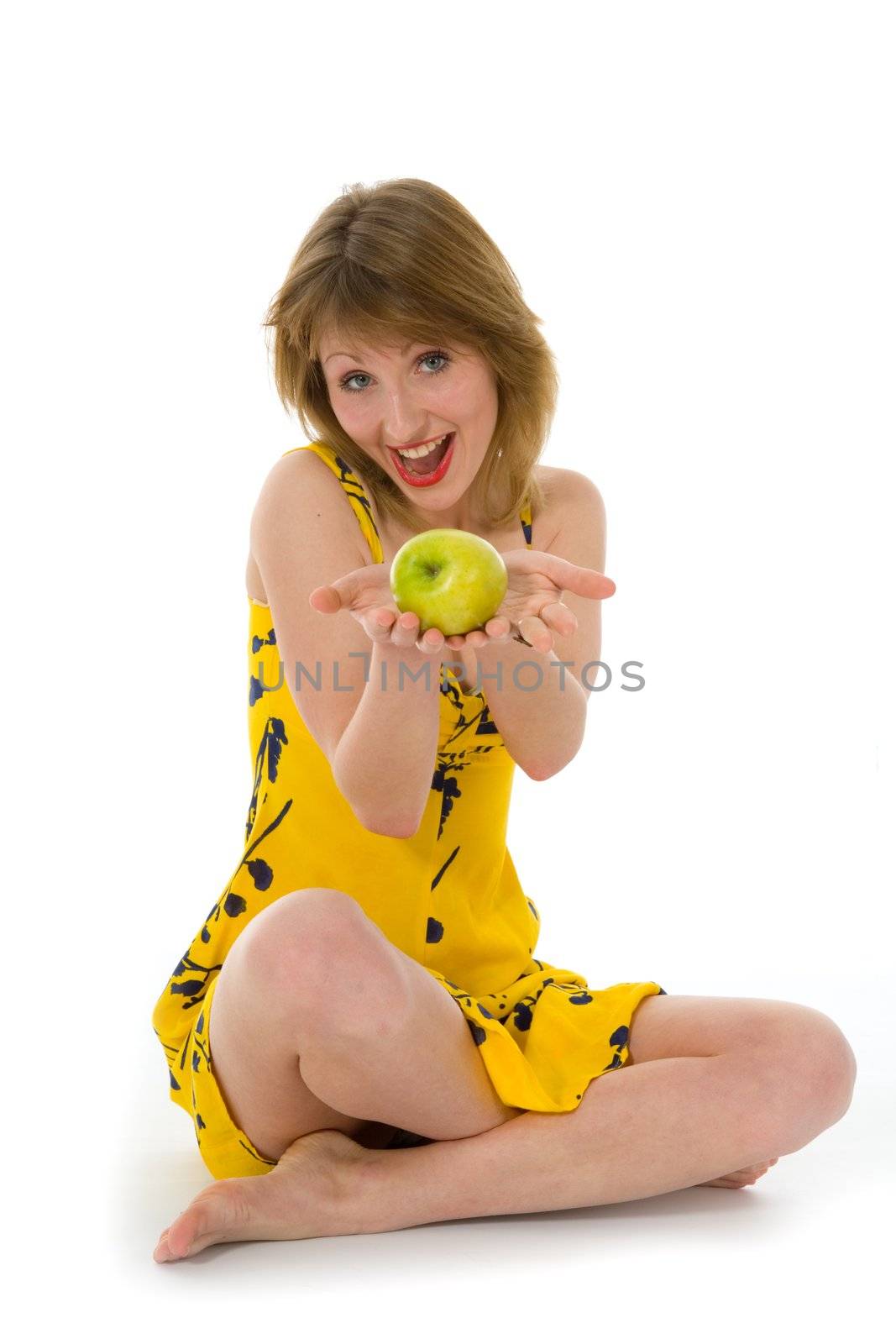 expressive woman with aple on white background