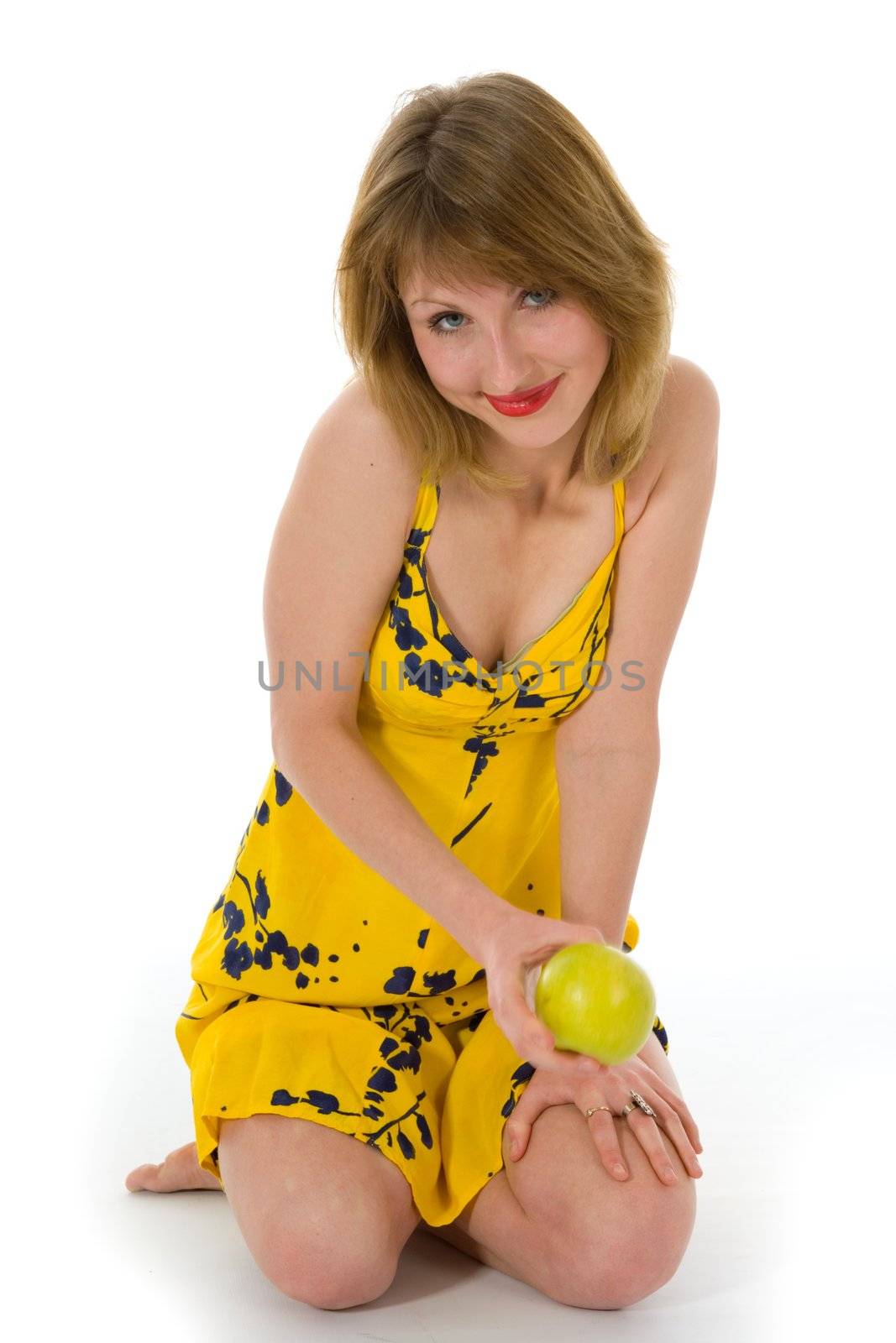 expressive woman with aple on white background