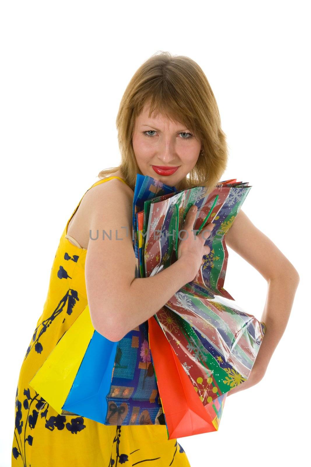 expressive woman  on white background  shopping