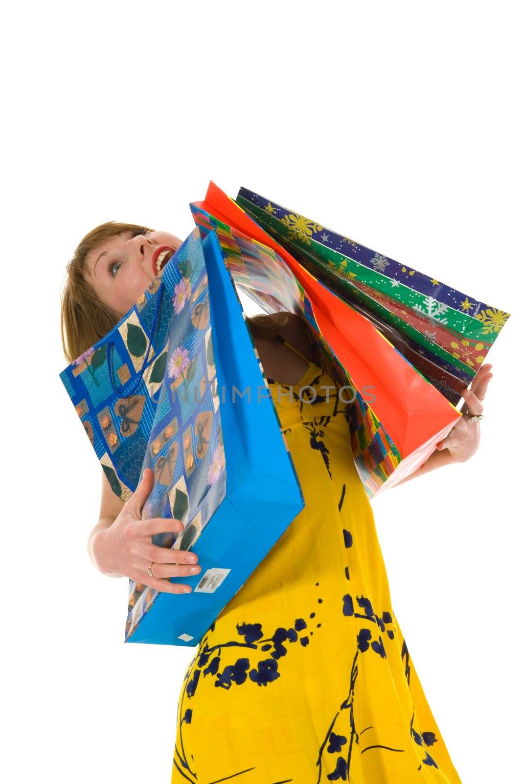 expressive woman  on white background  shopping