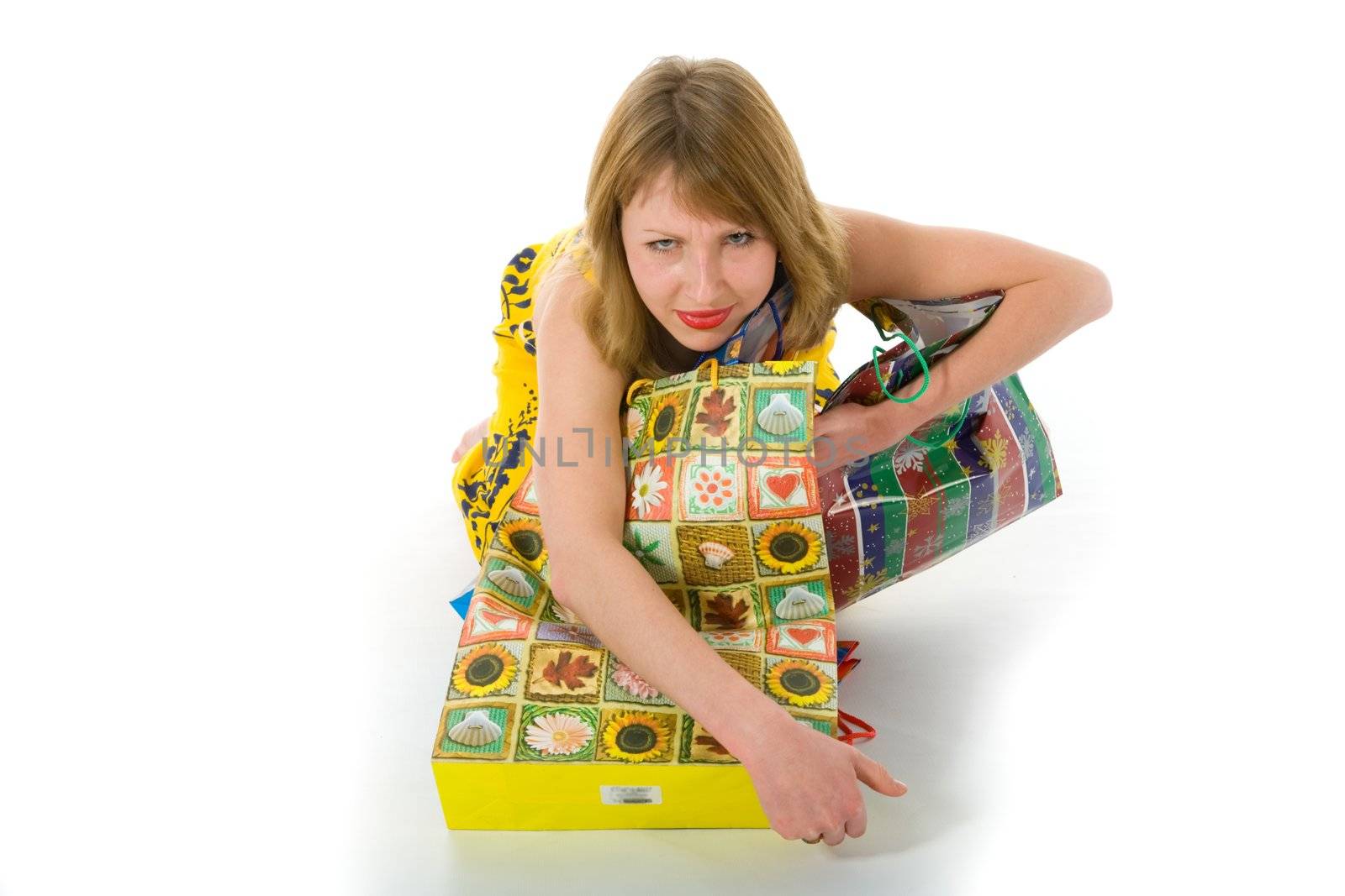 expressive woman  on white background  shopping