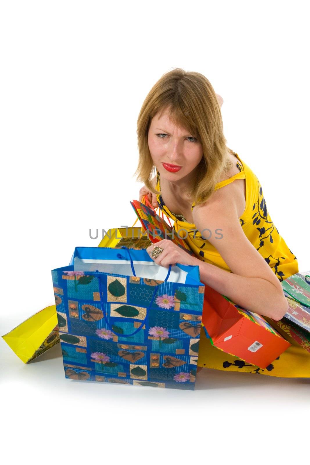 expressive woman  on white background  shopping