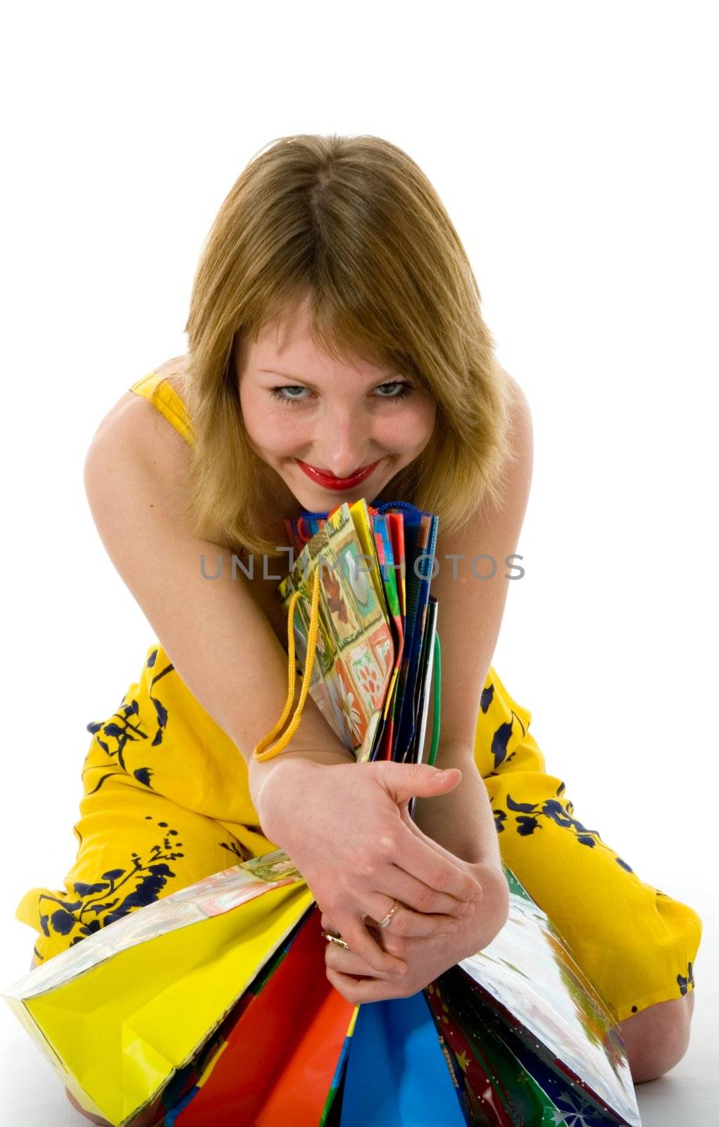 expressive woman  on white background  shopping