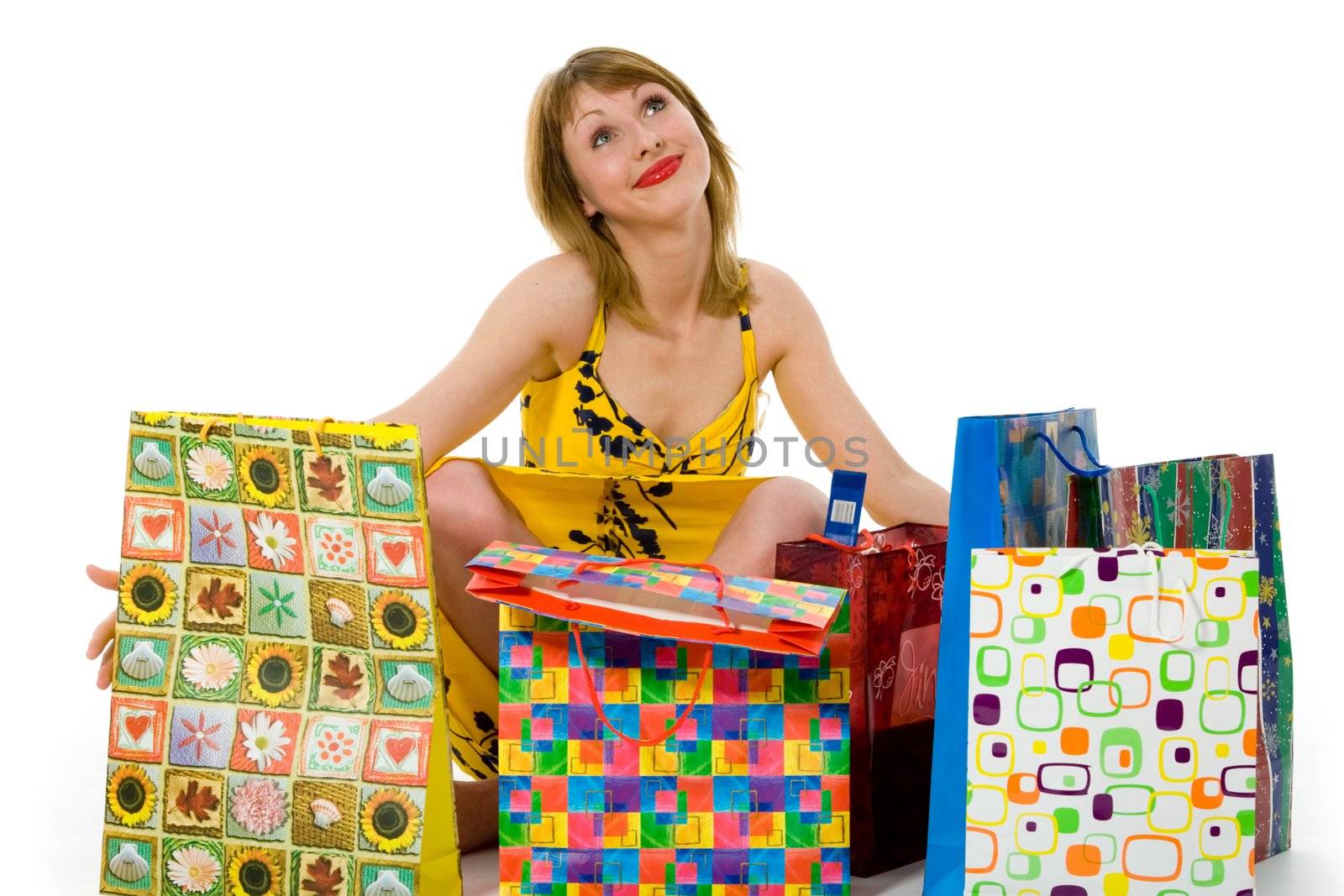 expressive woman  on white background  shopping