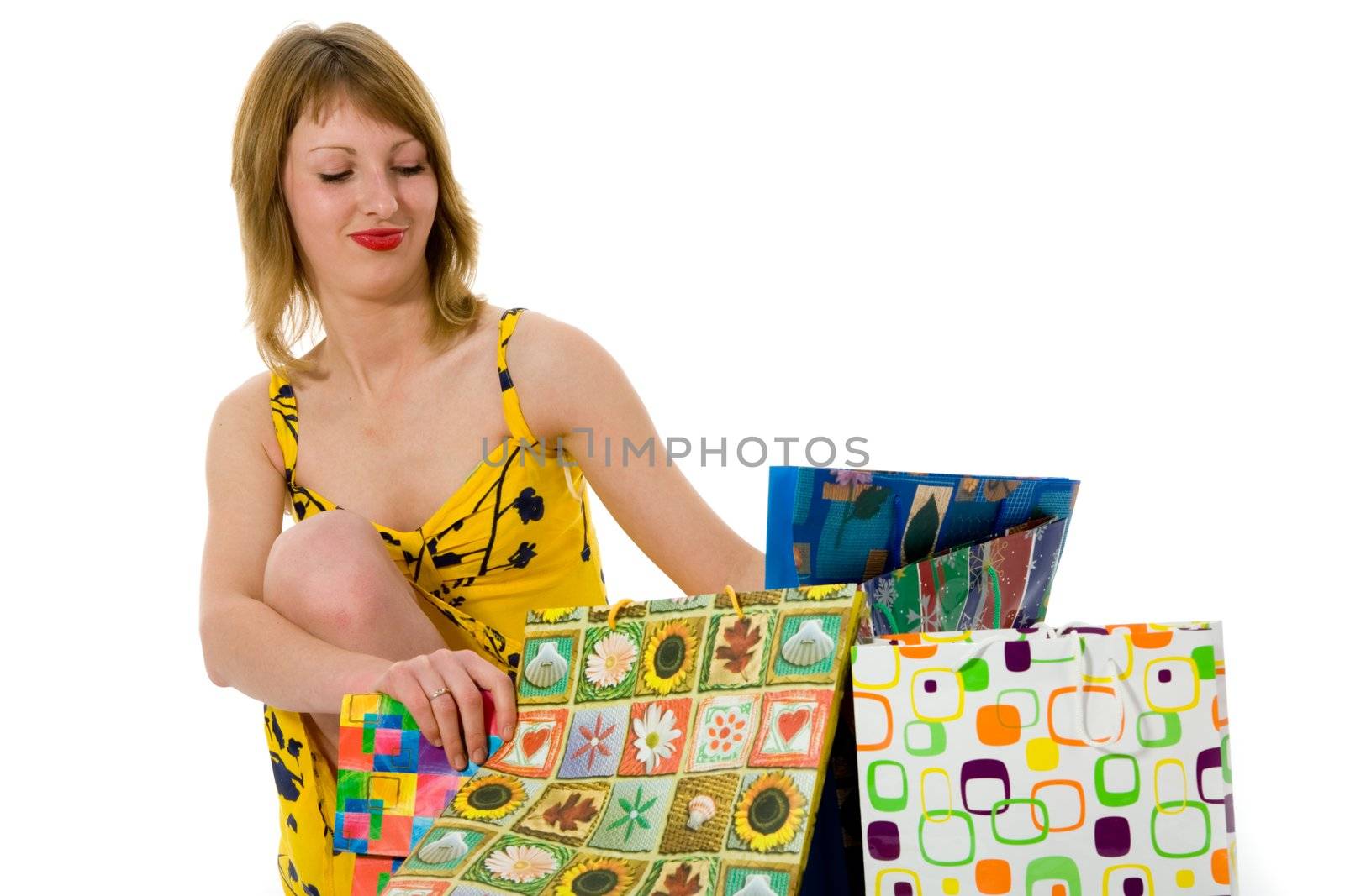 expressive woman  on white background  shopping