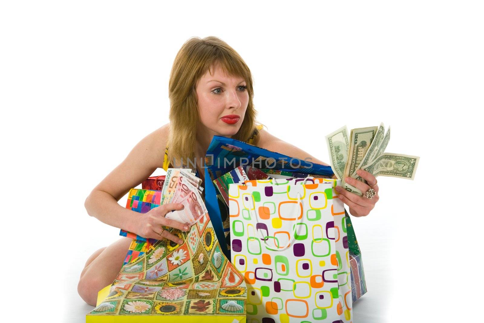 expressive woman  on white background  shopping