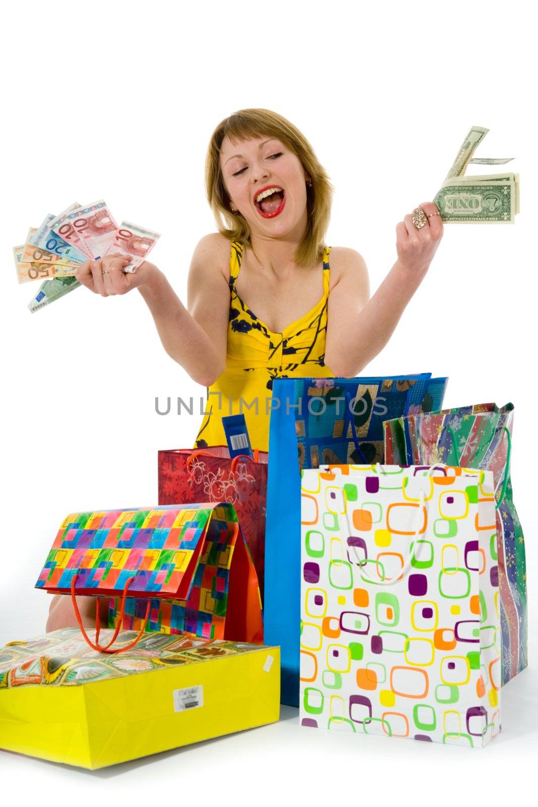 expressive woman  on white background  shopping