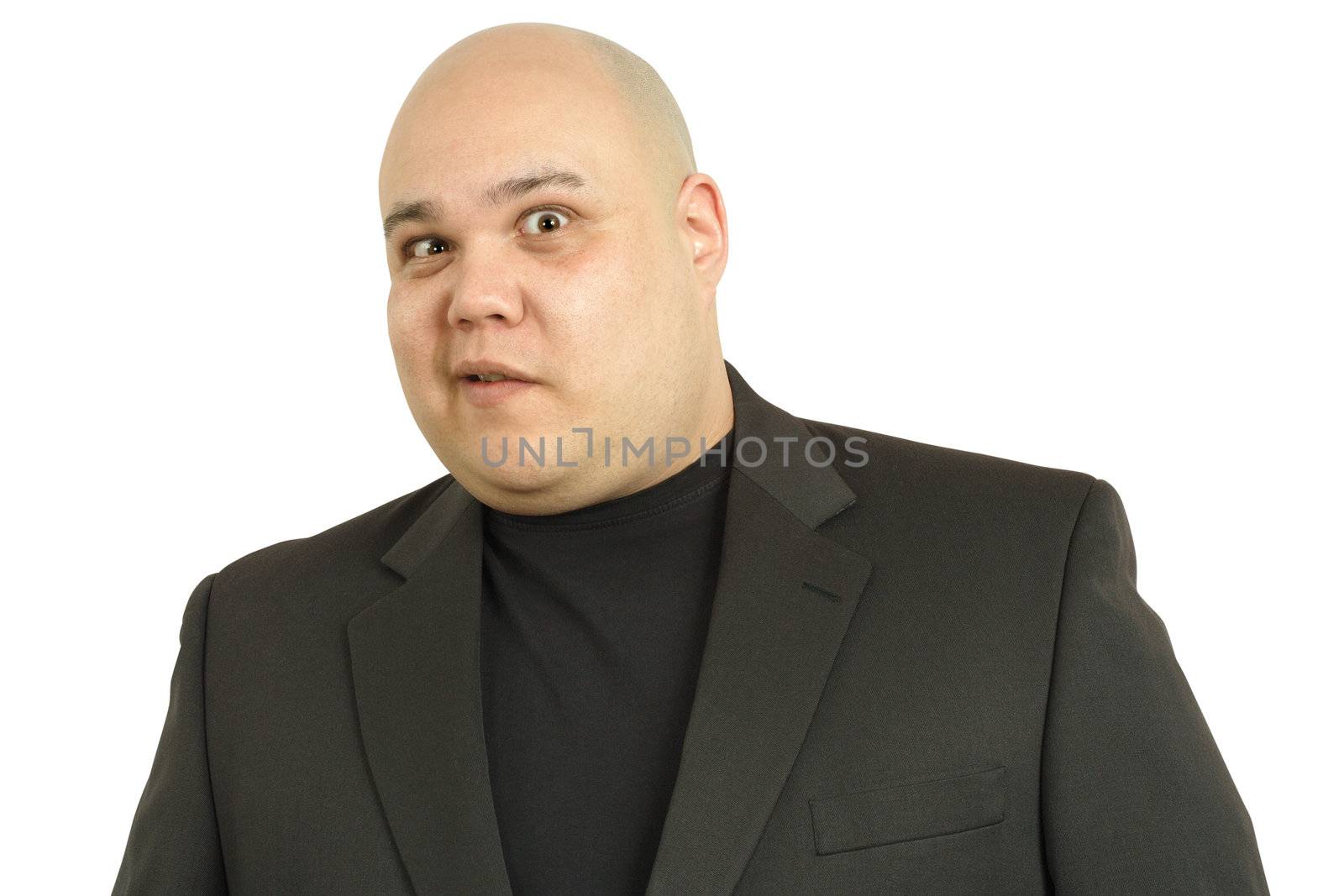 A large bald man with a perplexed look on his face.  Clipping path included.
