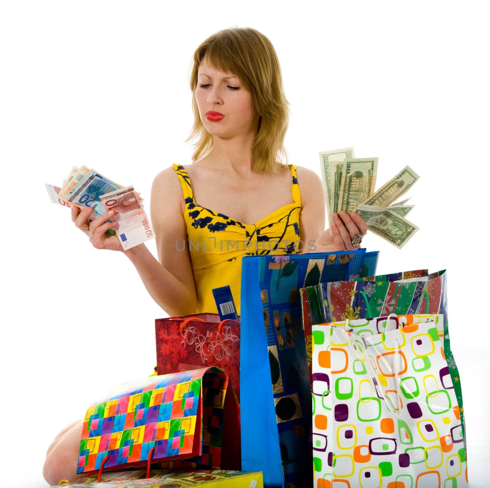 expressive woman  on white background  shopping