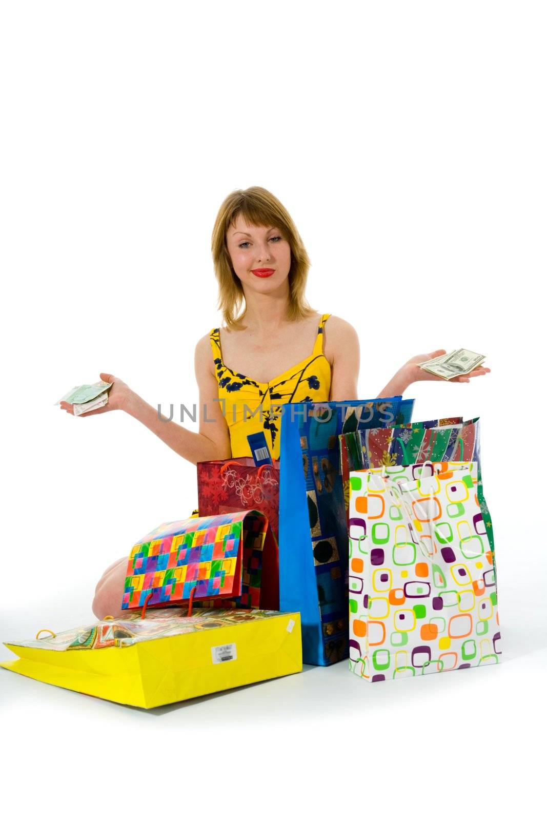 expressive woman  on white background  shopping