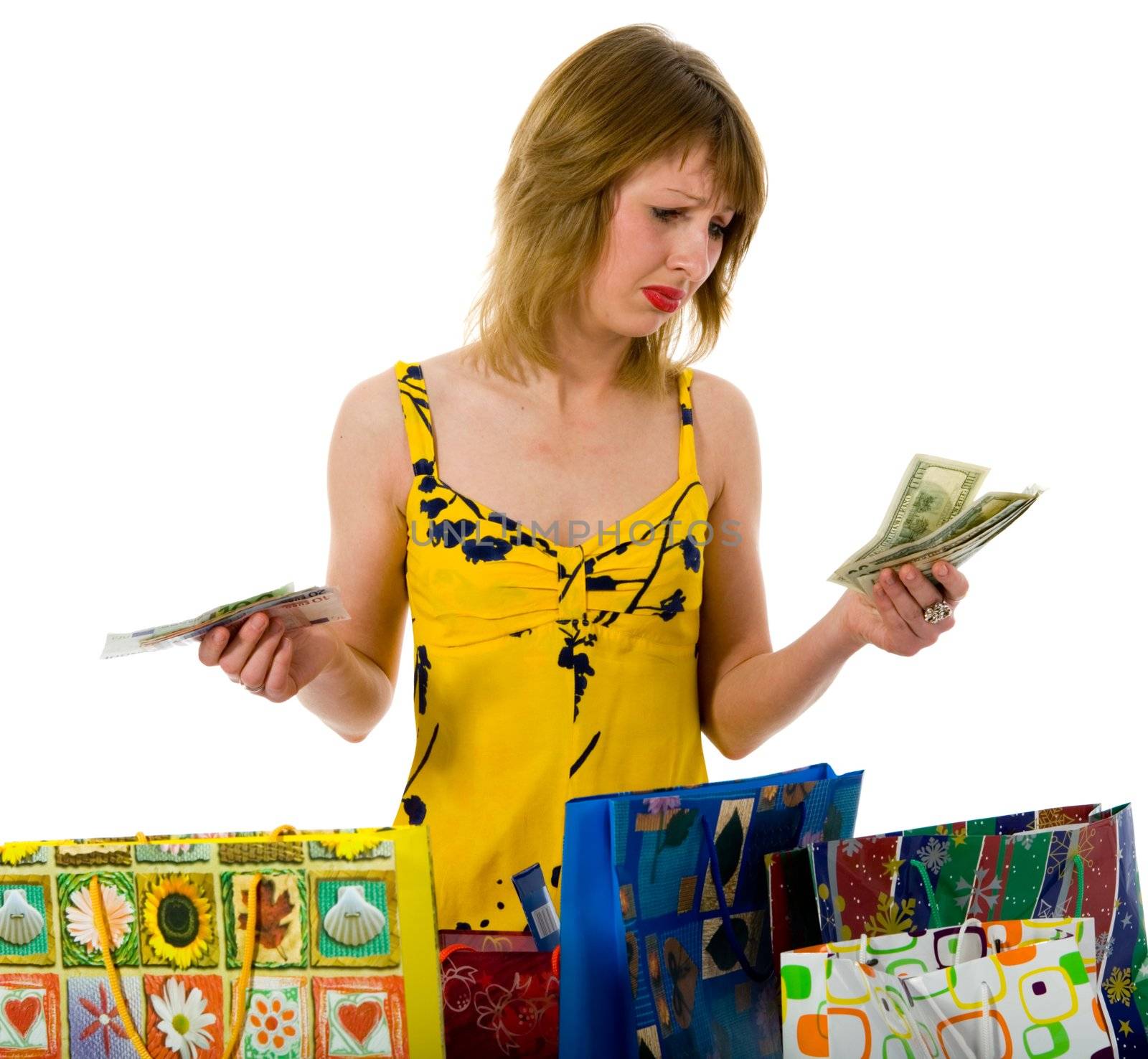 expressive woman  on white background  shopping