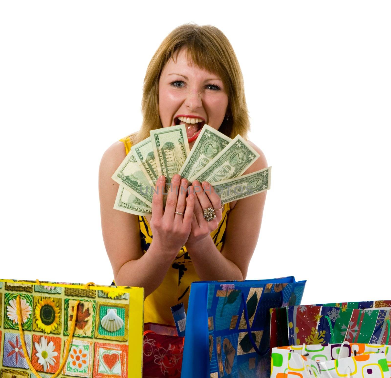 expressive woman  on white background  shopping