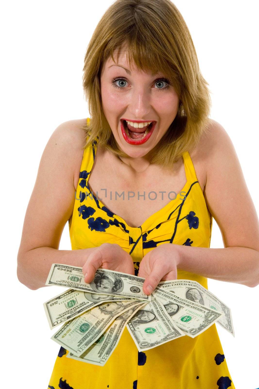 expressive woman  on white background  shopping