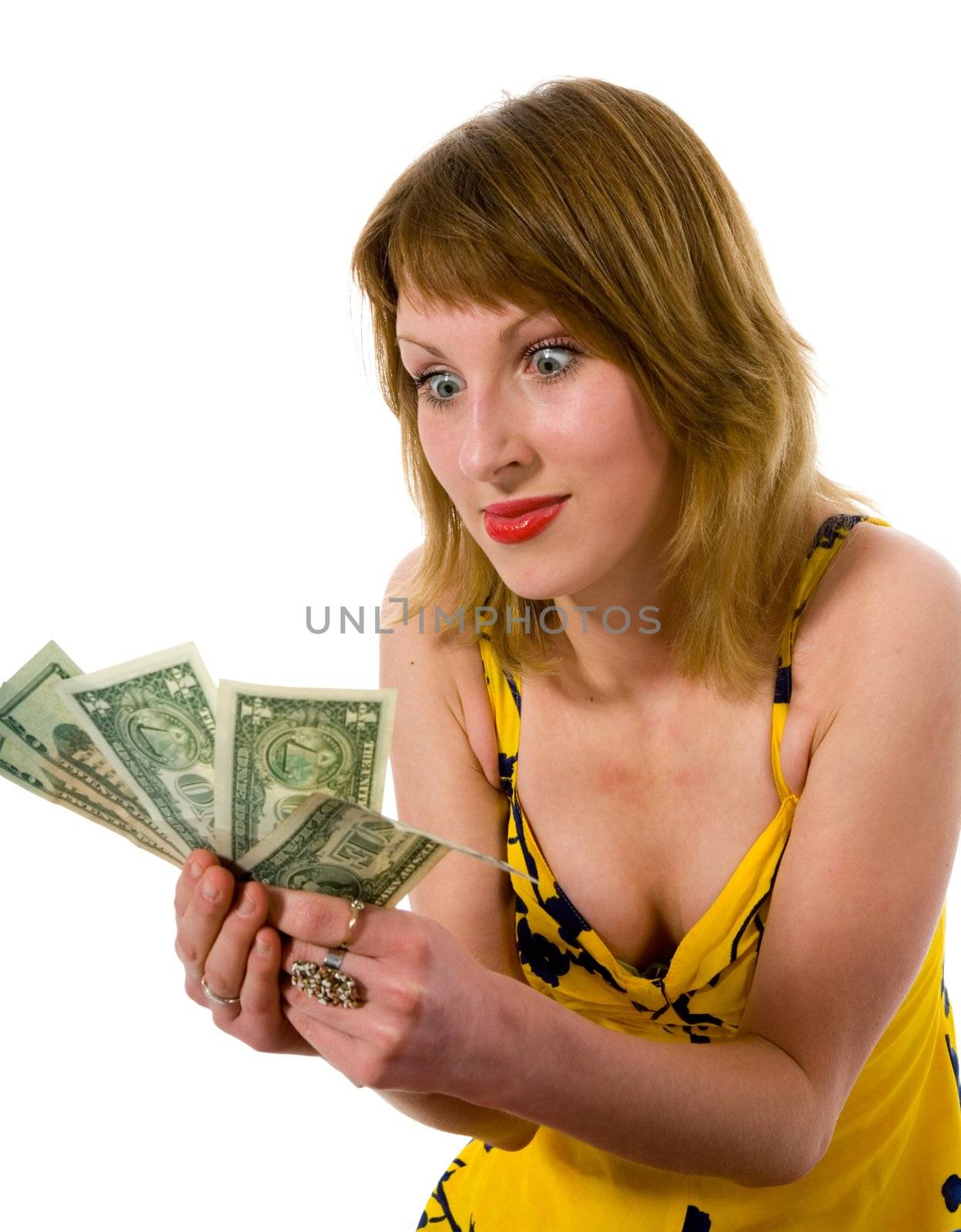 expressive woman  on white background  shopping