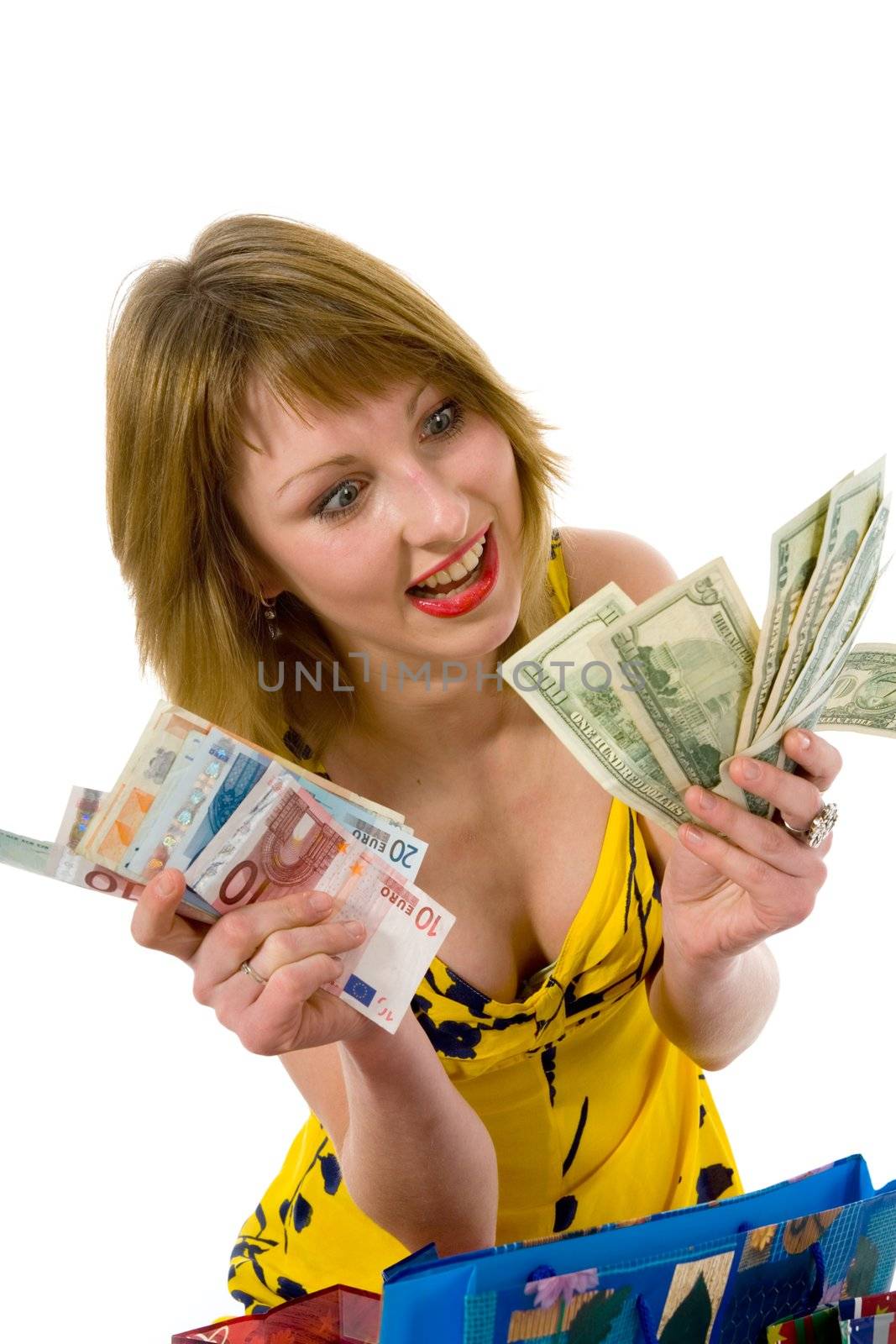 expressive woman  on white background  shopping